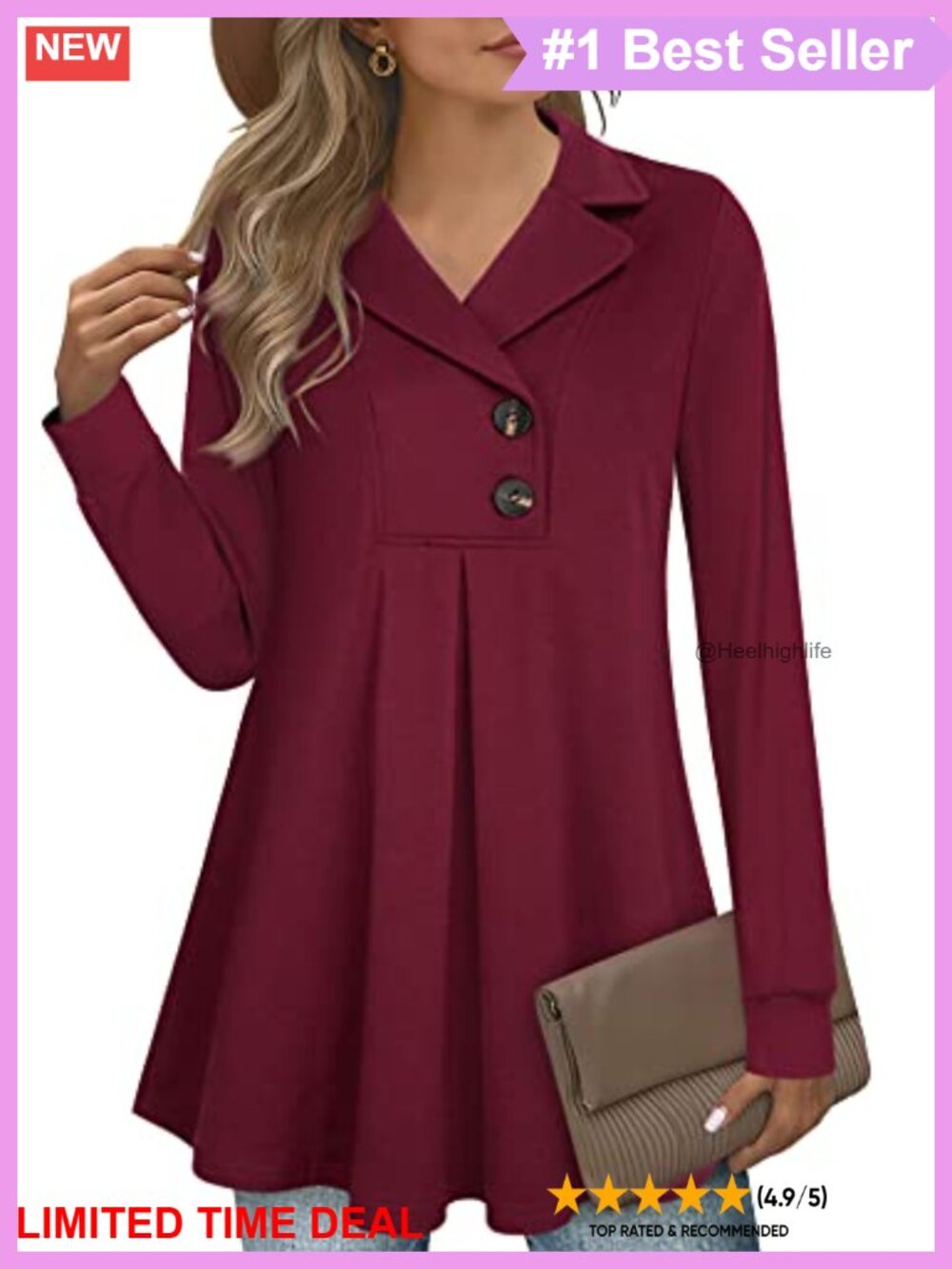 Womens Tunic Notch Collar Button Sweatshirt Long Sleeve Pullover Shirt
